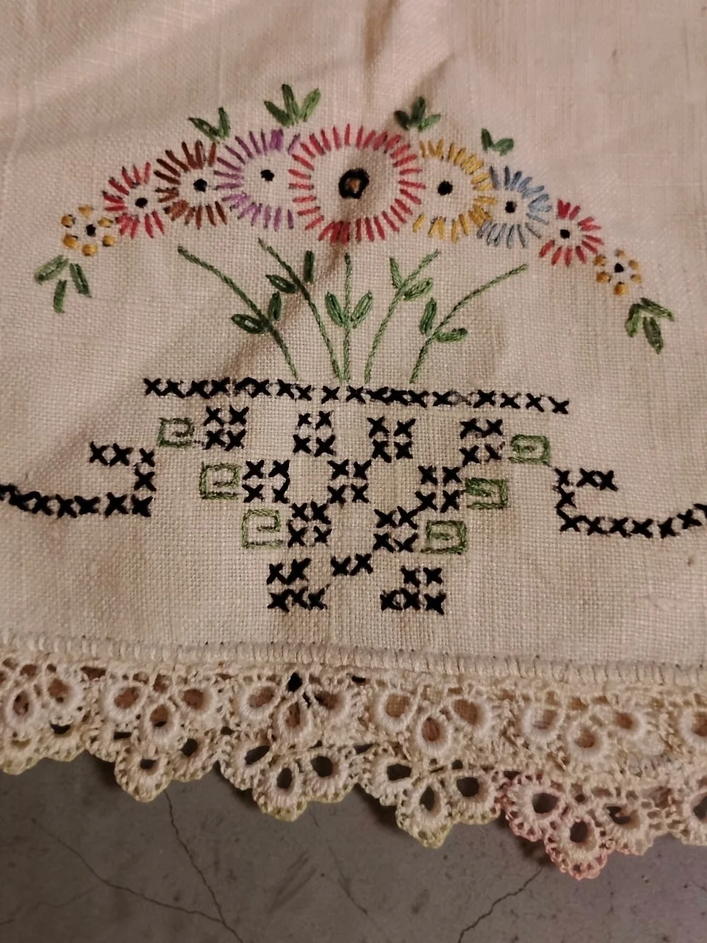Hand-Embroidered Cream Floral Table Linen with Lace Edge